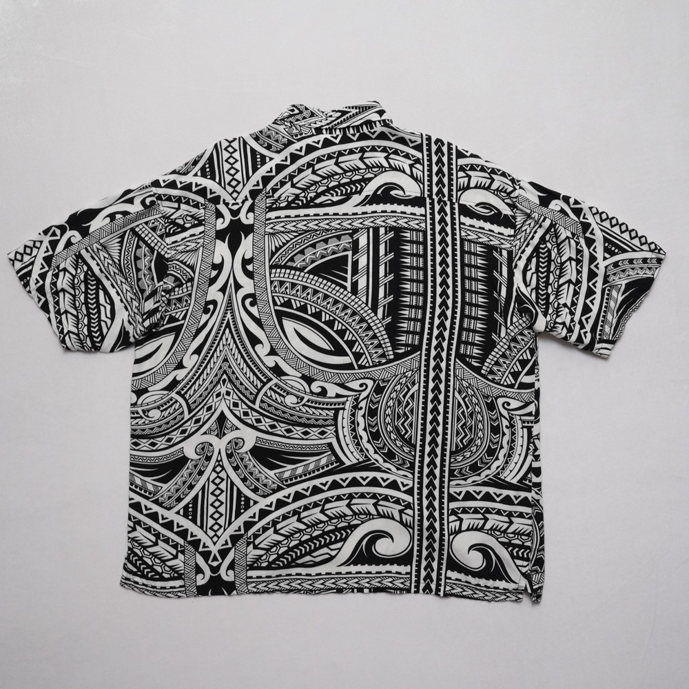 Hula Bay Aloha Shirt Mens XL Black White Polynesian Tribal Rayon Short Sleeve - Picture 12 of 16